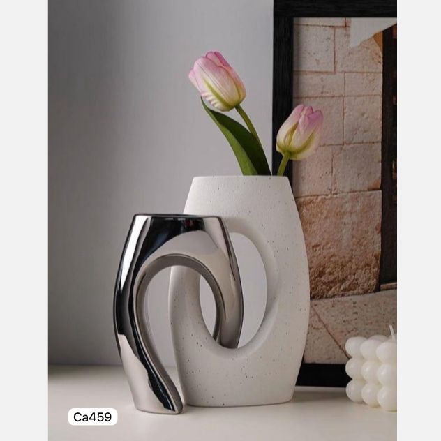 Set dos jarrones union blanco y plateado ceramica 13,5cm* 8cm* 21cm - 12cm* 11cm* 17cm